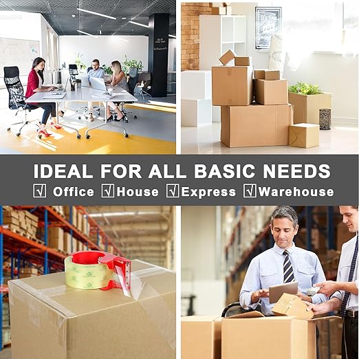 BOMEI PACK 6Rolls Clear Yellowish Packing Tape Refills, 2.4 Mil 1.88 Inch x 60 Yards, Packaging Tape with Dispenser for Moving, Shipping and Storage