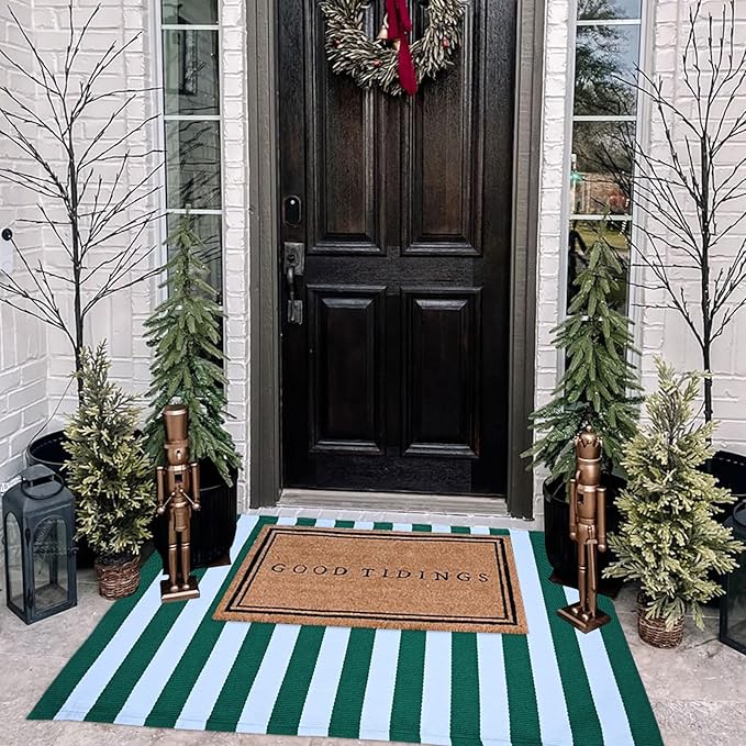 CAINANEL Christmas Outdoor mat 27.5"x43" Green and White Striped Outdoor Rug Front Porch Rug,Christmas Home Decor, Layerd Welcome Doormat for Front Porch Decor, Front Door, Farmhouse Decor