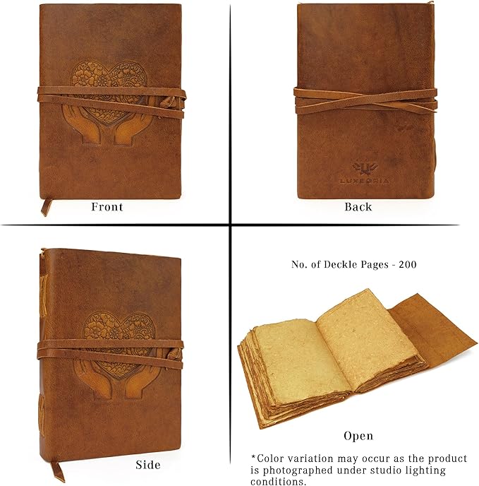 LUXEORIA Heart Journal for Women and Men, Handcrafted Leather Journal for Writing Womens, Leather Sketchbook, Travel Diary with Unlined Deckle Paper, Tan 7x10