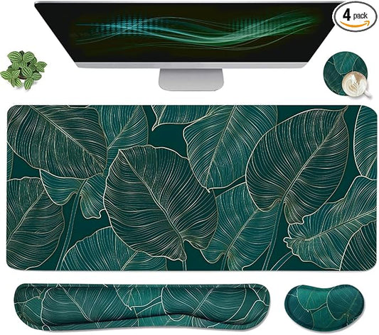 Ergonomic Large Mouse Pad and Keyboard Wrist Rest, Desk Pad for Keyboard and Mouse, 4-in-1 Large Gaming Mouse Pad with Wrist Support for Home Office Study Game-Green Leaves