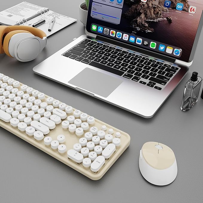 Wireless Keyboard and Mouse Combo, Ergonomic Full Size Typewriter Retro Round Keycaps Keyboard, Compatible with Windows, PC, Perfer for Home and Office Keyboards (Beige