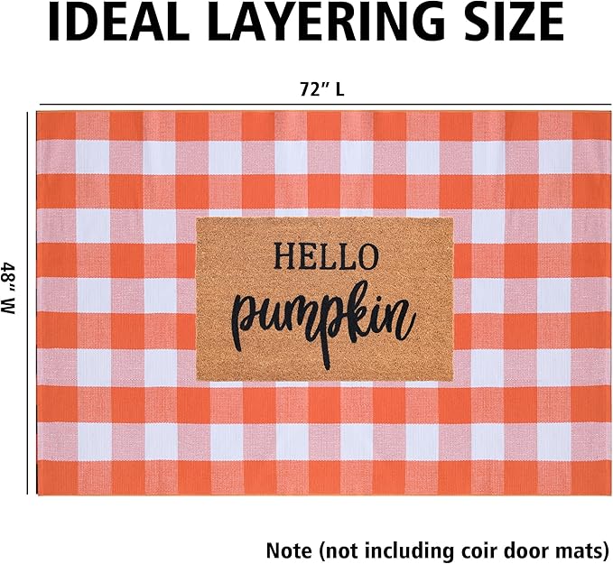 Fall Plaid Area Rug 4x6 Ft, Orange and White Buffalo Check Large Farmhouse Cotton Rug, Hand-Woven Washable Indoor Outdoor Carpet for Halloween Thanksgiving Autumn Porch Patio Decor