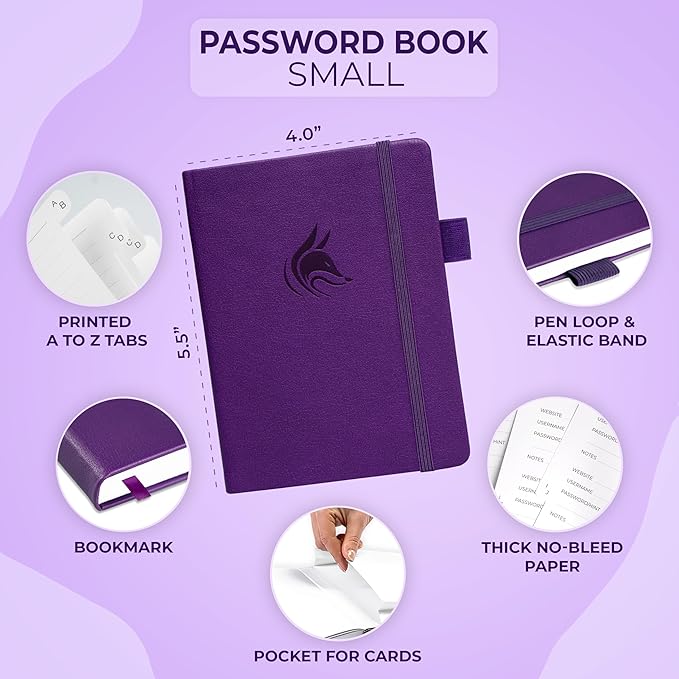Clever Fox Password Book with alphabetical tabs. Internet Address Organizer Logbook. Small Pocket Password Keeper for Website Logins (Purple)