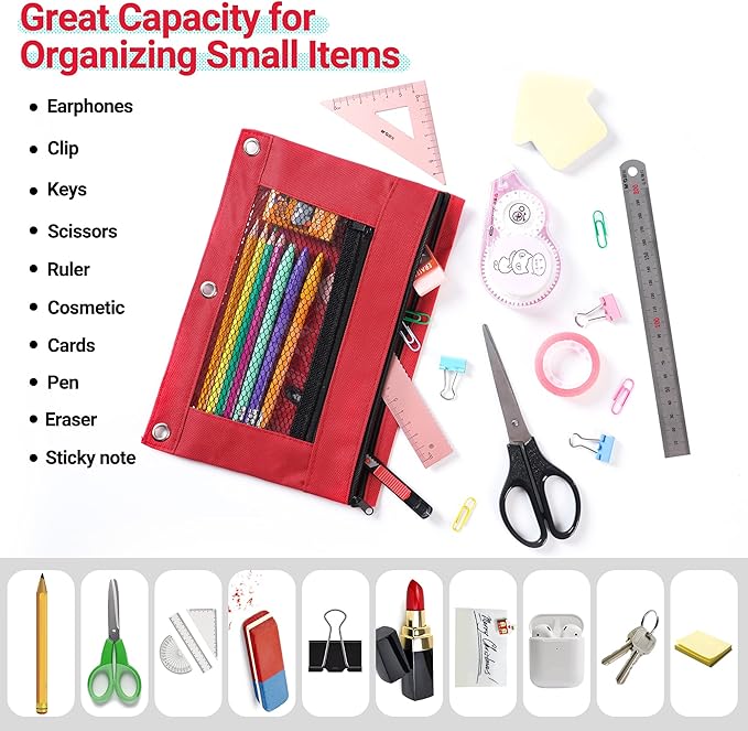 CHEPULA 14 Pack 3 Rings Binder Pencil Pouch, 2 Layer Pencil Case with Zipper and Mesh Window, Wear-resistant Oxford Fabric, Small Cosmetic Bag Pen Case for Home Office