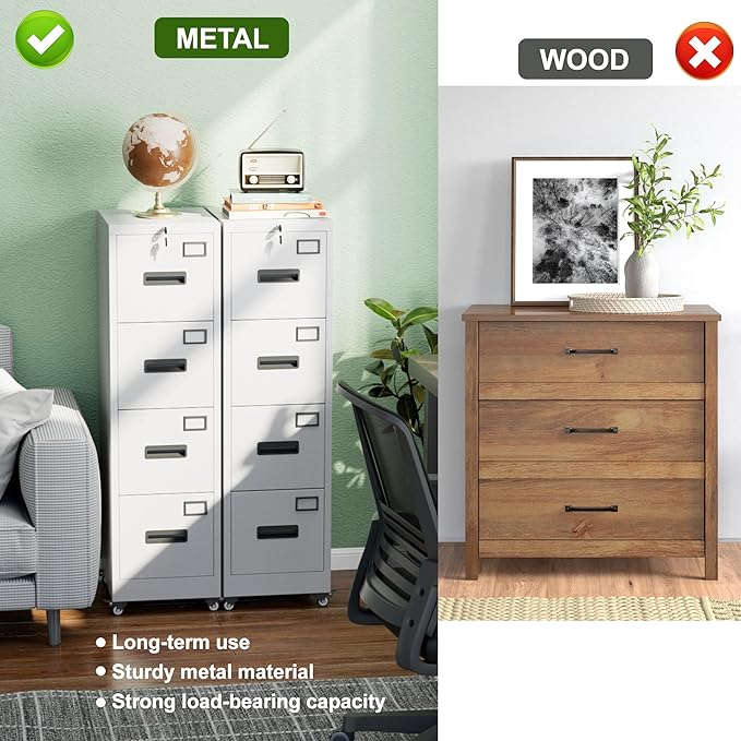 Aobabo File Cabinet 4 Drawer with Wheels, Lockable Office Metal Filing Cabinet with Name Card for Office and Home,Required Assembly,White