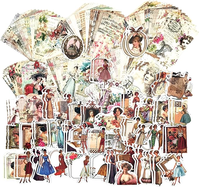 200PCS Vintage Scrapbooking Supplies Pack, Aesthetic Scrapbook Sticker Paper Art Journaling Kit for Bullet Junk Journals,Planner,Cottagecore Decor Gifts (Rose)