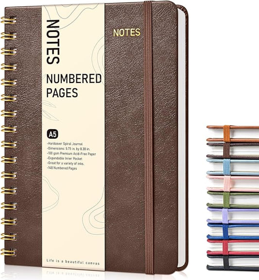 Lined Spiral Journal Notebook, A5 Hardcover Spiral Journals for Women Men, 150 Numbered Pages Spiral Bound Notebook, 100 GSM College Ruled Notebooks for Writing Note Taking 5.75" x 8.38", Dark Brown