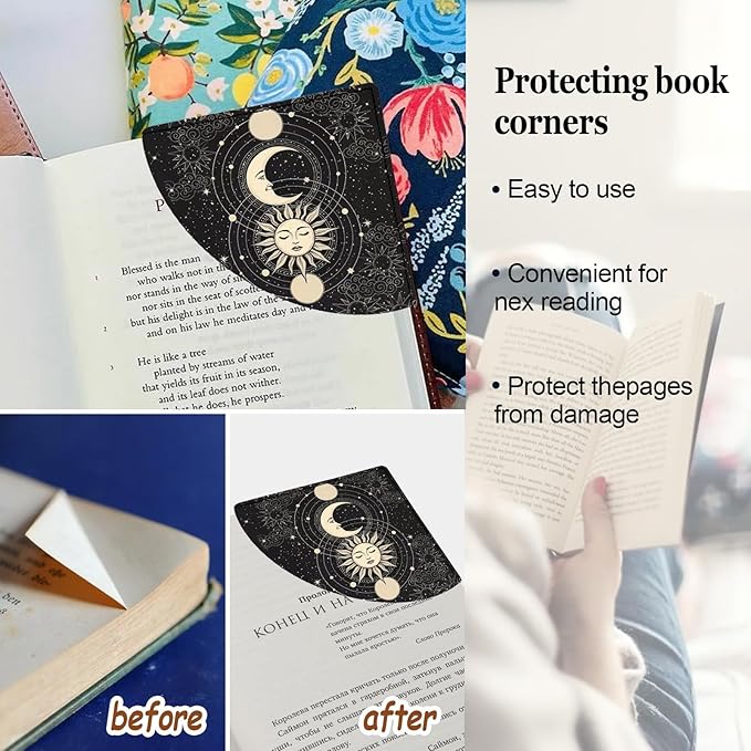 4 PCS Sun and Moon Bookmark, Corner Bookmarks for Book Lovers, Cool Page Bookmarks for Men Women, Funny Book Mark for Boy, Girl, Teacher, Students, Classroom Gifts, School Prize, Reading Gifts