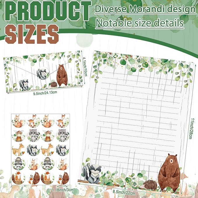 TaoBary 160 Pcs Stationery Paper Set 50 Double Sided Stationery Papers with 50 Matching Envelopes and 60 Round Dot Sticker, 10 Design(Woodland Animal,8.5 x 11 Inch)