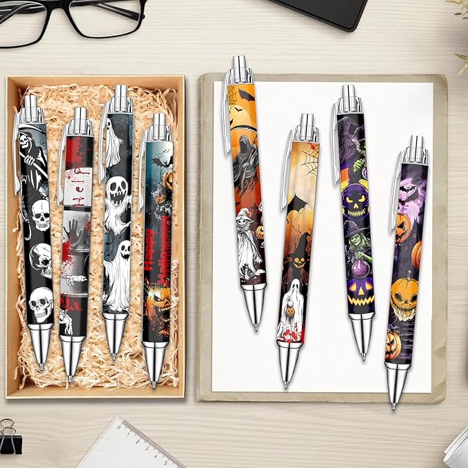 Idealmuzik Halloween Pens Set – Fun Ballpoint Pens for Adult, Students, and Stationery Lovers – Smooth Writing Pens for School, Journaling, or Party Favors – Haunted Holiday Design, 8 Pack