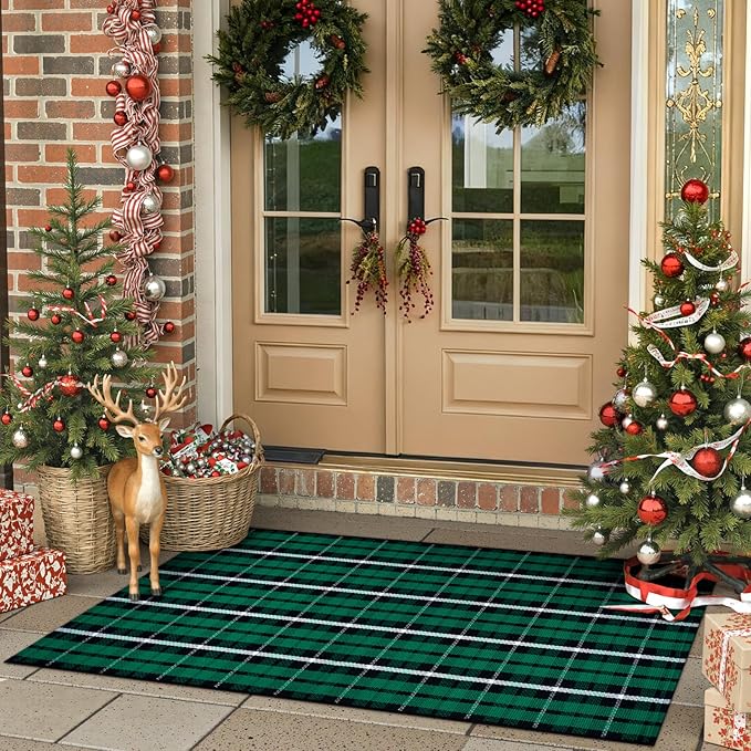 KIMODE Christmas Door Mats 24"x51", Buffalo Plaid Checkered Outdoor Rug Decor, Black and Green Reversible Farmhouse Front Porch Rug, Washable Cotton Woven Welcome Mats for Entryway Kitchen