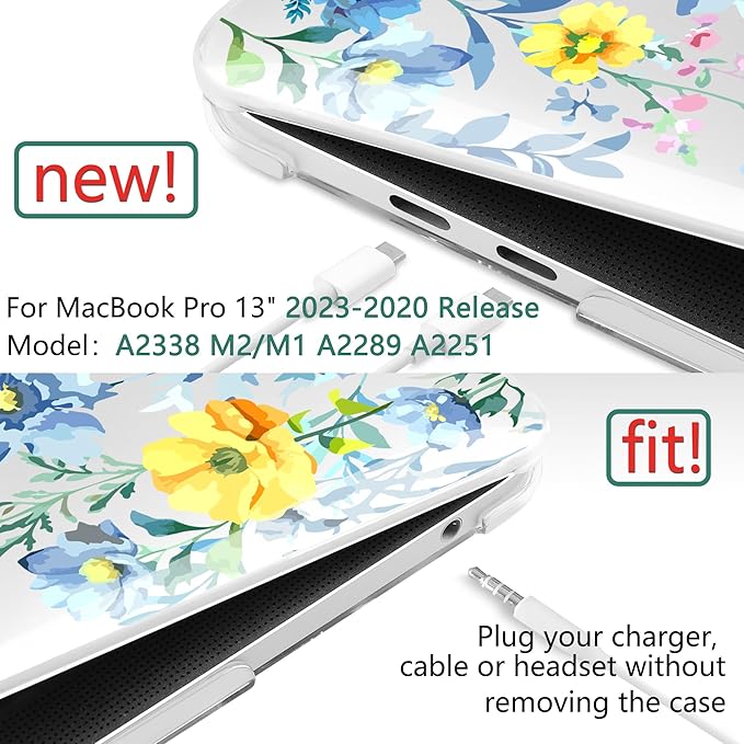 TWOLSKOO Compatible with MacBook Pro 13 inch Case 2023-2016 A2338 M2/M1 A2251 A2289 A2159 A1989 A1706, Plastic Hard Shell Cover & Keyboard Skin & Screen Protector, Blue Flowers