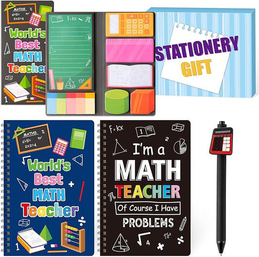 B1ykin Stationery Gift Set - 3Pcs Notebook Sticky Notes, A5 Spiral Notebooks & 550 Sheets Cute Sticky Notes with Pens Kit for Office School Teacher Thanksgiving Supplies (Math Teacher)