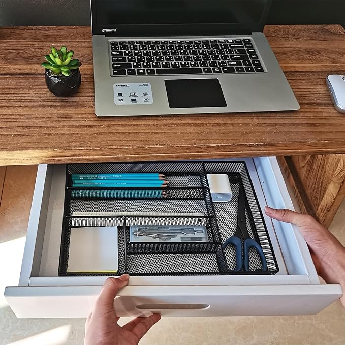 2-Pack Desk Drawer Organizers, 6-Compartment Metal Mesh Trays for Pens, Paper Clips, Office Supplies, Ventilated Storage Inserts for Home, Office, School, 12.6 x 8.27 x 1.57 Inches, Black