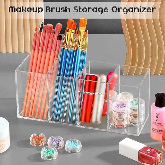 Pajean 4 Pack Acrylic Pen Pencil Holder - 4 Compartments Clear Pencil Pen Holder Organizer - Makeup Brush Holder Acrylic Pencil Organizer Cup for Office Home Supplies Desk Accessories