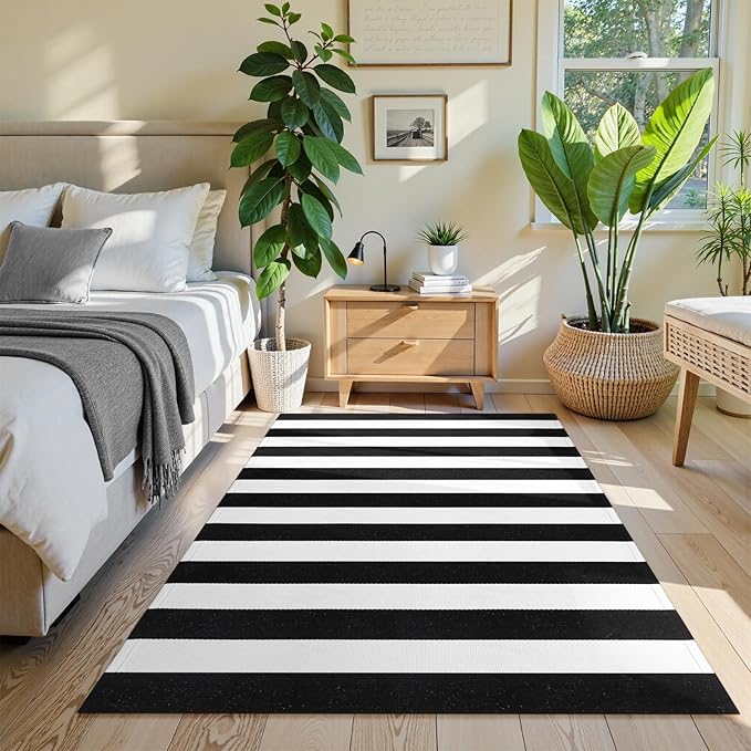 Collive Black and White Christmas Rug Outdoor 4'x 6', Washable Striped Outdoor Indoor Rug, Farmhouse Cotton Woven Layered Door Mat, Front Porch Decor Door Mat for Patio Living Room Kitchen
