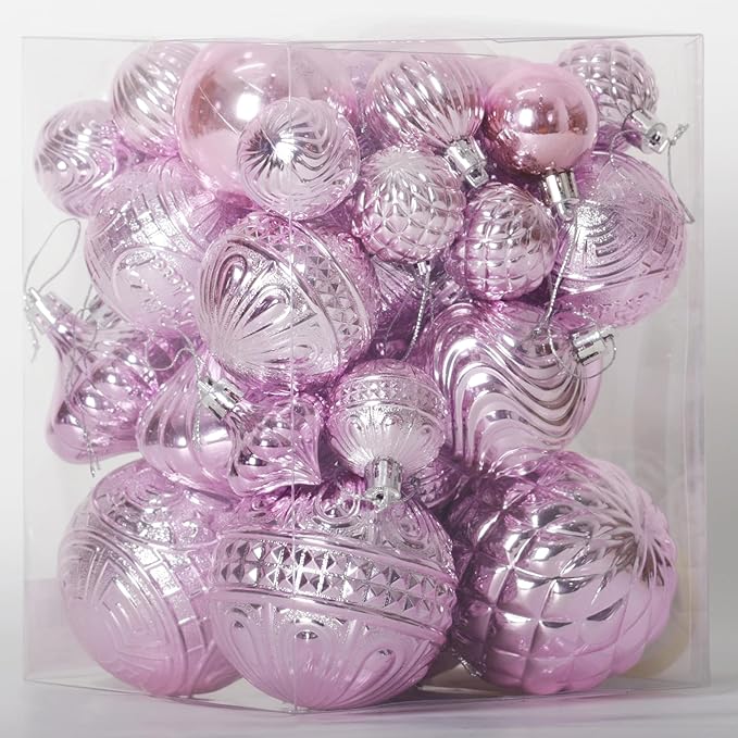 Christmas Ornaments Set with 36pcs Shatterproof Christmas Tree Decorations Multi-Size Christmas Ball Ornaments with 7 Styles Pink
