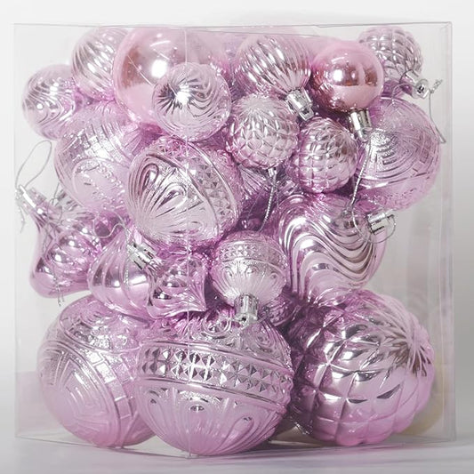Christmas Ornaments Set with 36pcs Shatterproof Christmas Tree Decorations Multi-Size Christmas Ball Ornaments with 7 Styles Pink