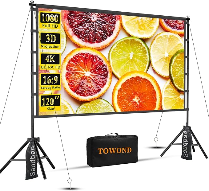 Outdoor Projector Screen with Stand, TOWOND 120 inch Portable Movie Screen, 16:9 HD Foldable Anti-Crease Projection Screen with Carry Bag for Home Theater Outdoor Indoor Support Double Sided