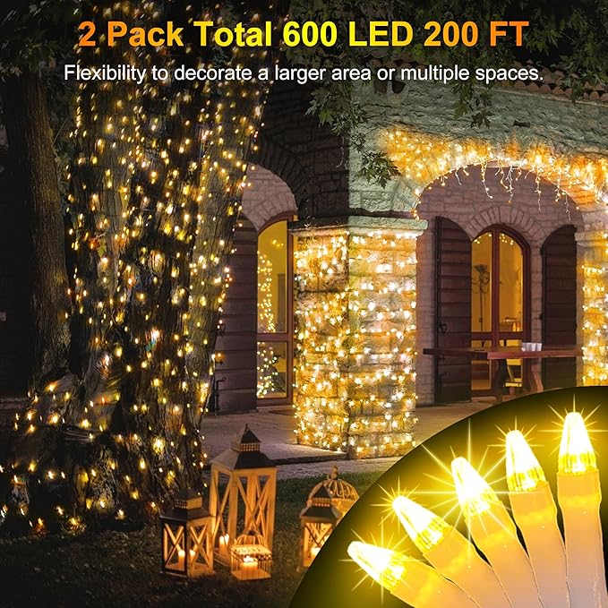 2 Pack Total 200FT 600 LED Christmas String Lights, Warm White Fairy Tree Lights Connectable, 8 Modes & Timer Indoor Outdoor String Lights for Bedroom Tree Yard Door Wedding Xmas Classroom Decor