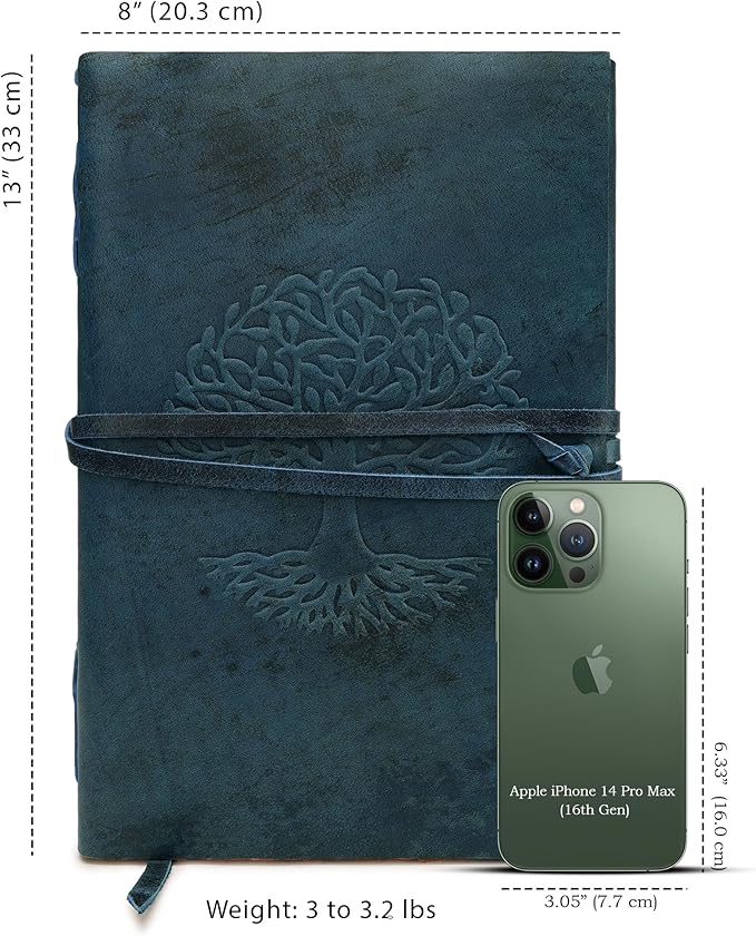 LUXEORIA Tree Of Life Leather Journal for Women and Men, Handcrafted Leather Journal for Writing Womens, Sketchbook, Travel Diary with Unlined Deckle Paper, Dark Blue 8x13