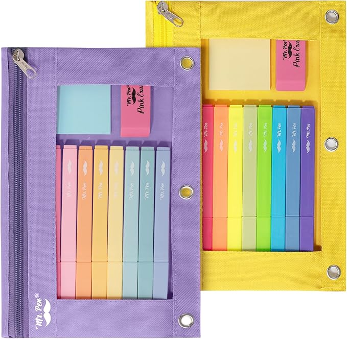 Mr. Pen- Pencil Pouch for 3 Ring Binder, 2 Pack, Yellow and Purple, 3 Ring Binder Pencil Pouch
