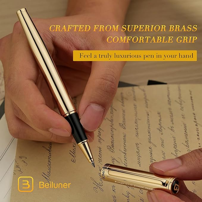 BEILUNER Luxury Personalized Gold Rollerball Pen, Stunning 24K Gold Finish, Noble and Elegant Designs,Schneider Refill, Fancy Gift Set for Men & Women, Executive Writing, Office, Nice Graduation Gift