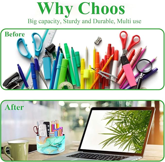 Hennaja Round Leather Art Supply Organizer,Remote Control Holder,360 Degree Rotating,Multi-Functional Pencil Holder,4 Compartments Desktop Stationary Organizer(1-Splash Ink)