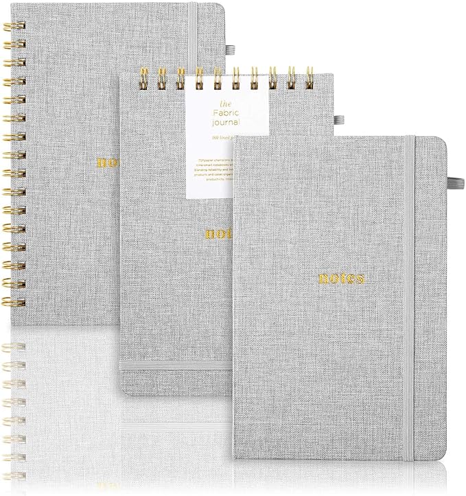 A5 Lined Journal Notebook – Hardcover Fabric Cover 160 Pages 100 GSM Thick Paper With Elastic Band & Pen Holder College Ruled Writing Notebooks for Work School Travel 3pack Gray Set