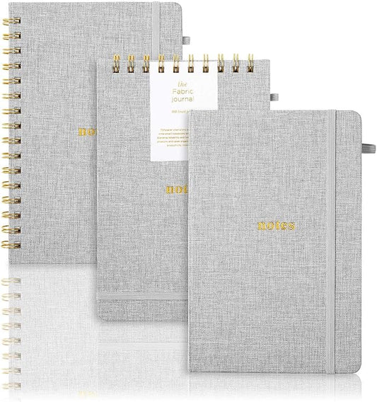 A5 Lined Journal Notebook – Hardcover Fabric Cover 160 Pages 100 GSM Thick Paper With Elastic Band & Pen Holder College Ruled Writing Notebooks for Work School Travel 3pack Gray Set