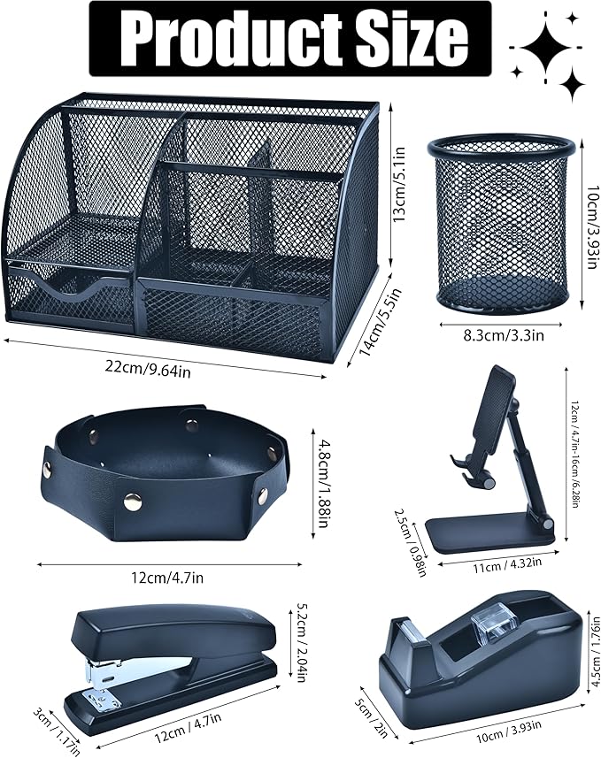 Black Desk Accessories, 24Pcs Office Supplies and Desk Organizers, with Tape Dispenser, Stapler, Staple Remover, Ect, Christmas Gifts