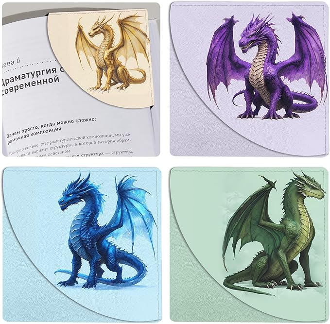 Dragon Bookmarks for Kids 4 Pcs, Funny Leather Book Accessories for Book Lovers, Cute Corner Reading Book Page Markers for Boys Men Teacher Student Back to School Gifts