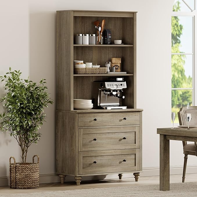 WAMPAT 72" Tall Bookcase Large Display Book Case Shelf with 3-Tier Open Book Shelfs, 3 Tier Farmhouse Style Bookshelf with 3 Drawers, Wood Bookshelves for Living Room or Study Room, Wash Grey