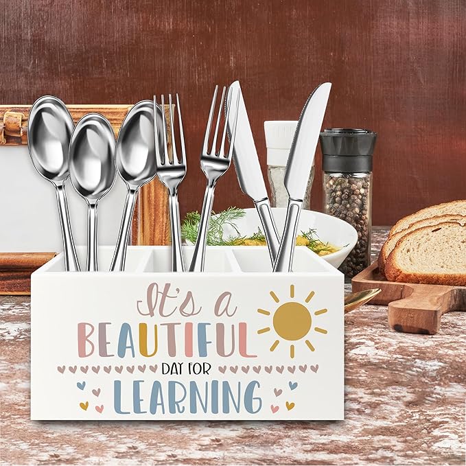 Boho Classroom Pen Pencil Holder Organizer for Desk, It's a Beautiful Day for Learning Wooden Box Signs Decorations for Home Office Desk Tabletop, Boho Classroom Decor