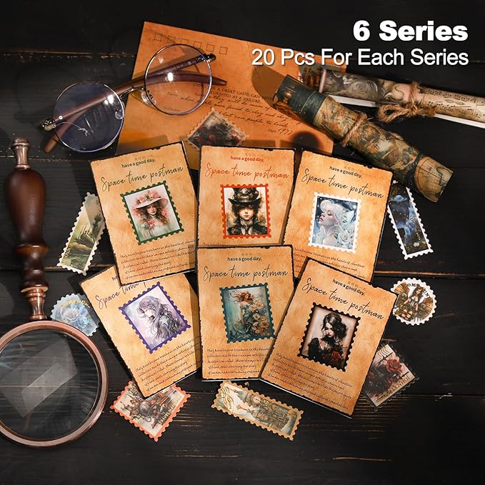 120Pcs Stamp Washi Stickers, Gold Foil Designs for Scrapbooking, DIY Crafts, Vintage Journaling Supplies, Junk Journal Ephemera, Includes Organizer