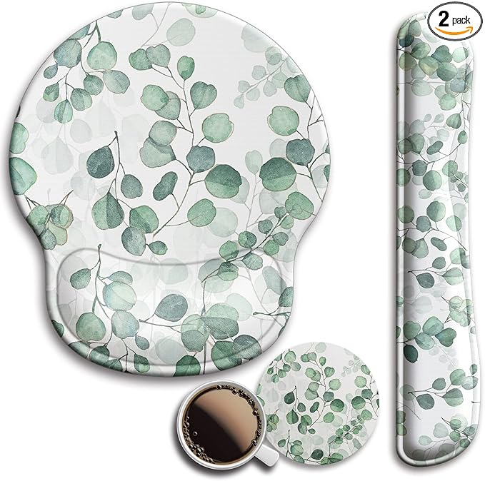 Mouse Pad and Keyboard Wrist Rest Support, with Non-Slip PU Base,Gel Mouse Pad with Coaster,Pain Relief for Gaming, Computer,Office -Eucalyptus