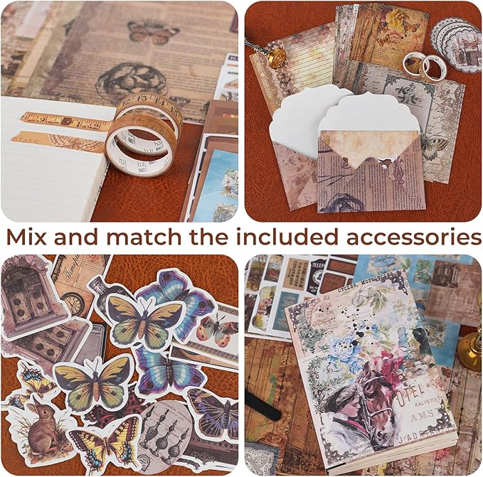 Funto Scrapbooking Kit (202 PCS), Vintage Collection-Wisteria & Butterfly, Perfect for Bullet Scrapbooking Materials, Planner DIY Arts Craft Collage