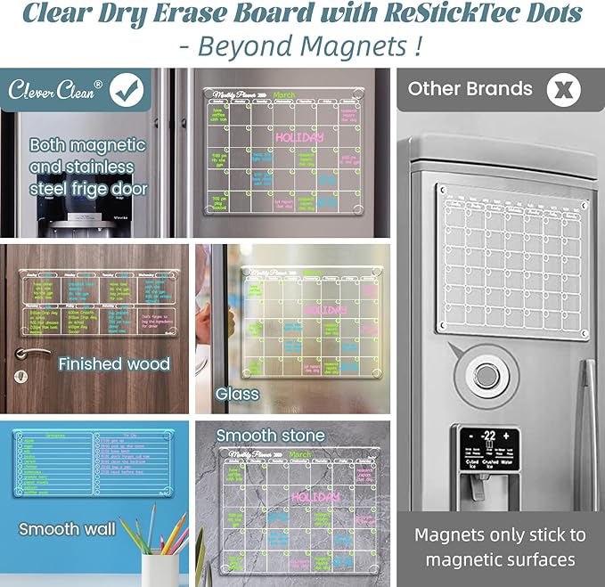 Clear Non-Magnetic Calendar Set for Fridge - Dry Erase Transparent Monthly and Weekly Calendar, List and Blank Whiteboard - Sticks to Wall, Glass, Door, Any Smooth Surfaces