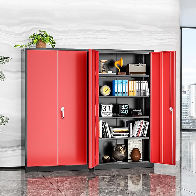 INTERGREAT Garage Storage Cabinet with Lockable Door, 72" H Metal Locking Cabinets with 4 Adjustable Shelves,Black Red Steel Cabinets Storage for Home Office, Warehouse，School