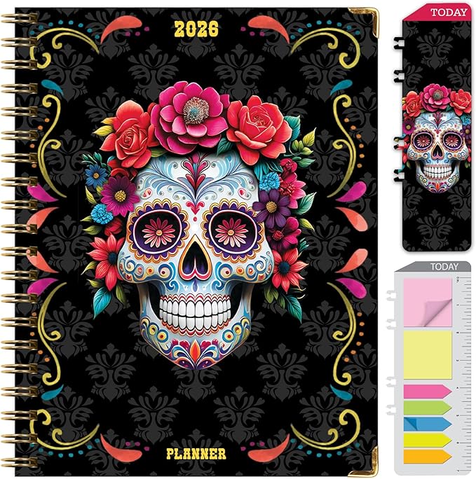 HARDCOVER 2026 Planner, 8.5"x11": 14 Months (November 2025 - December 2026), Daily Weekly Monthly Planner, Yearly Agenda, Bookmark, Pocket Folder and Sticky Note Set (Sugar Skull)