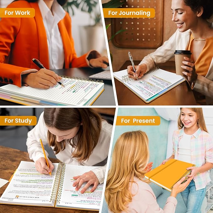 Hardcover Spiral Journal Notebooks for Work With Removable Dividers & Tabs, 8.5"x11" 5 Subject Notebook for Note Taking & Organizer, A4 College Ruled Lined Journal for Women & Writing, Yellow, 280 Pages