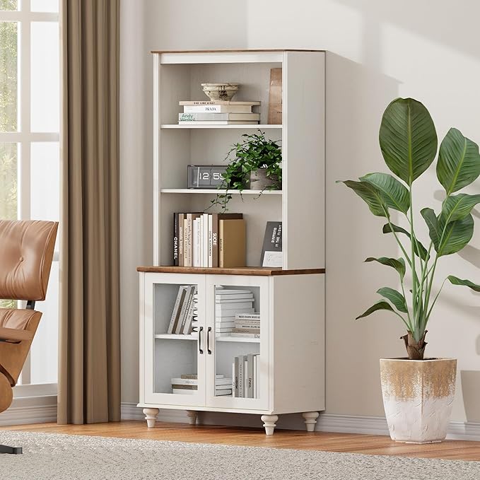 WAMPAT 5 Tier Farmhouse Bookshelf 72" Tall Bookcase with Doors, Large Display Book Shelf with Adjustable Shelves and Storage Cabinet Wood Bookshelves for Living Room & Study Room & Bedroom, White