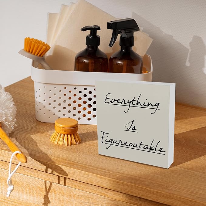 Inspirational Office Decor, Every Thing is Figure Outable Motivational Office Accessories Wooden Box Sign, Positive Gifts for Women, Men Wall Desk Shelf Tabletop Decoration 5x5In