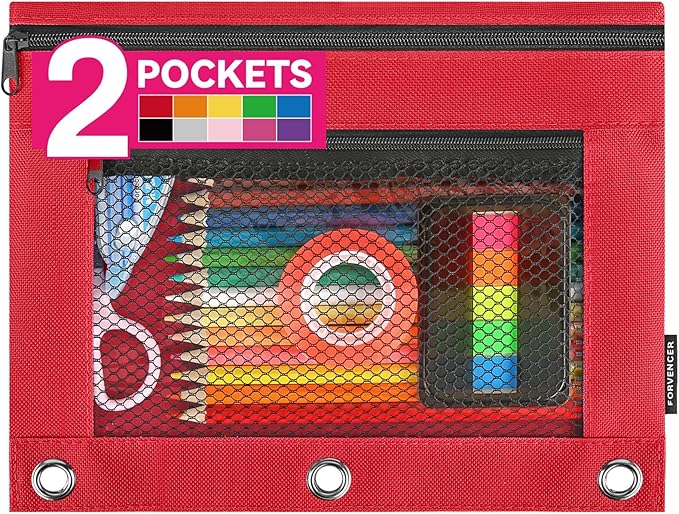 Forvencer Adorable Zipper Pencil Pouch, Cute Zippe Pouch for 3-ring Binders, Sturdy Binder Pouch with Smooth Zippers, Perfect for Students & Back to School, Portable Pencil Bag, Red