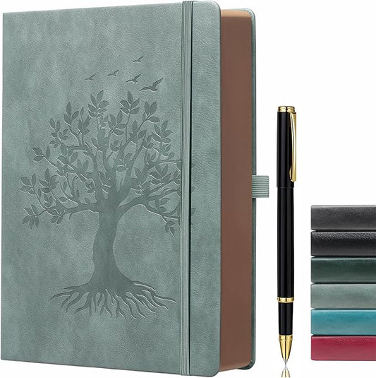 ZXHQ A4 360 Pages Lined Journaling Notebooks with Pen, Journals for Women Men Writing Notebook, Brown Edge, Hardcover, A4 Size 8.5'' x11'' Grey