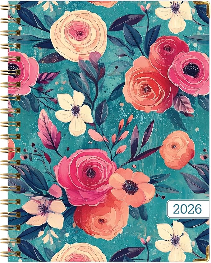 HARDCOVER 2026 Planner, 8.5"x11": 14 Months (November 2025 - December 2026), Daily Weekly Monthly Planner, Yearly Agenda, Bookmark, Pocket Folder and Sticky Note Set (Teal Floral)