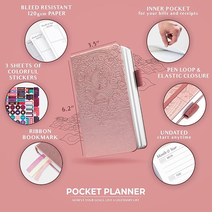 Legend Planner Pocket – Small Undated Monthly & Weekly Goal Journal and Calendar for Productivity, Mini Life Organizer Planner Perfect for Purse, Size: 3.5" x 6.2" Hardcover – Rose Gold