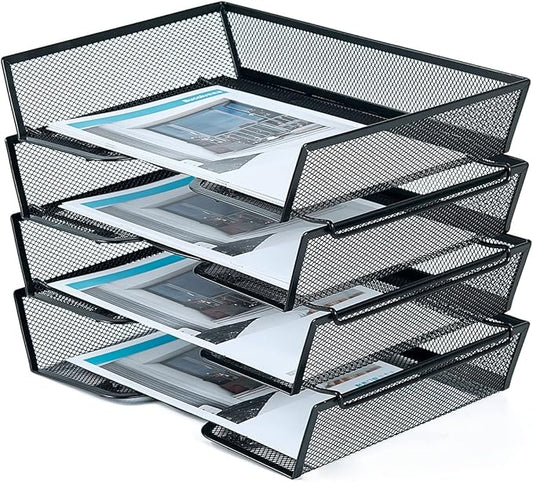 SETTFRFE 4 Tier Metal Mesh Desk Organizer-Stackable Letter Trays for Office Supplies,Black File Storage System with Reinforced Edges