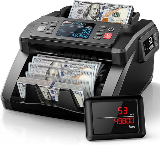 PONNOR N70 Mixed Denomination Money Counter Machine, Value Counting, Cash Counter with Three Displays, UV/MG/IR/MT Counterfeit Detection for Money Counting, Printer Enabled Bill Counter for Business