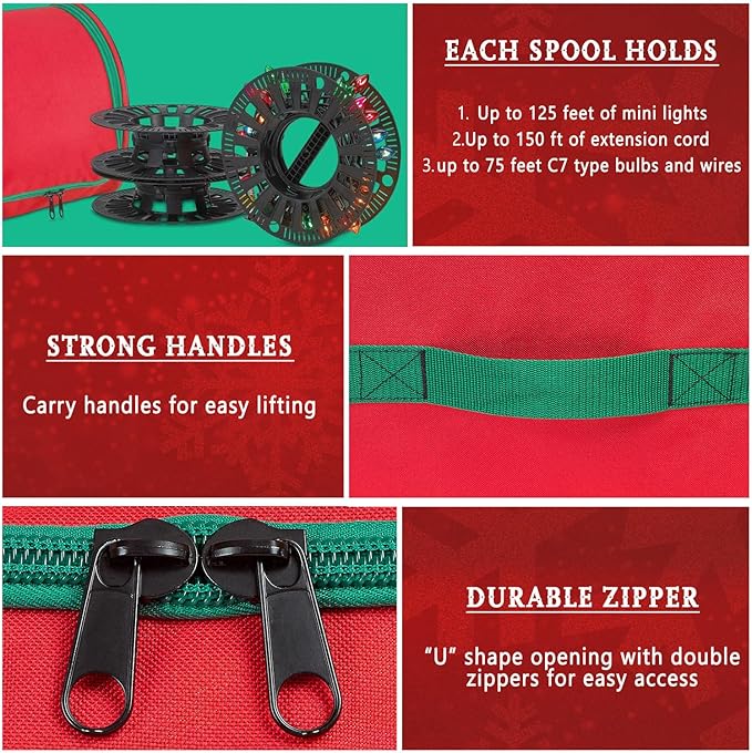 HOLDN’ STORAGE Premium Christmas Light Storage Bag – Heavy Duty Tear Proof 600D/Inside PVC Material with Reinforced Handles - 3 Reels Stores up to 375 Ft of Mini Tree Lights & Extension Cords Red